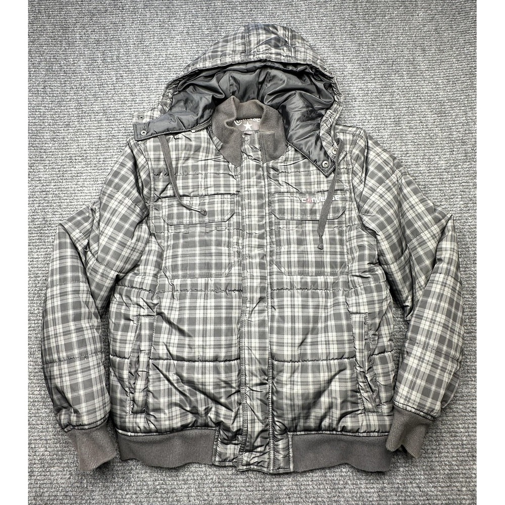 Converse Jacket Mens Large Gray Plaid Puffer Hooded Full Zip Winter Insulated